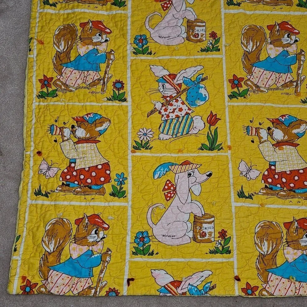 VTG Handmade Yellow Blanket Anthropomorphic Animal Dog Bunny Squirrel 40x48 READ